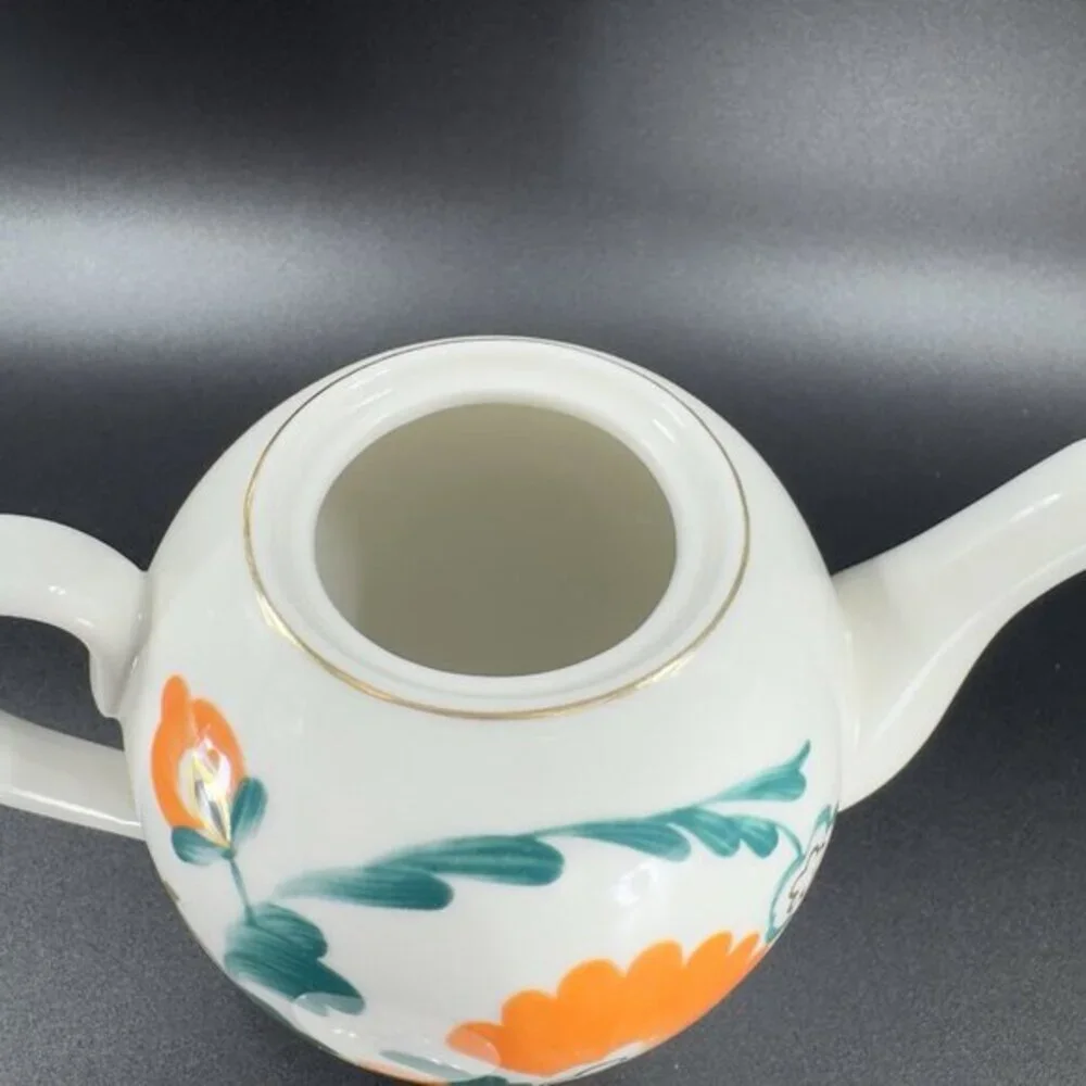 Anthropologie Stoneware‎ Ceramic Teapot Carafe Tea Pot With Green Orange Flowers